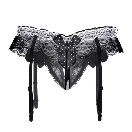 TANGA DE PEROLAS COM LIGUEIROS S/M PRETA